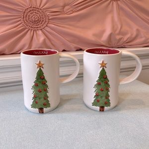 Rae Dunn Tall White Christmas Tree Mugs with Red Interiors (set of 2)
